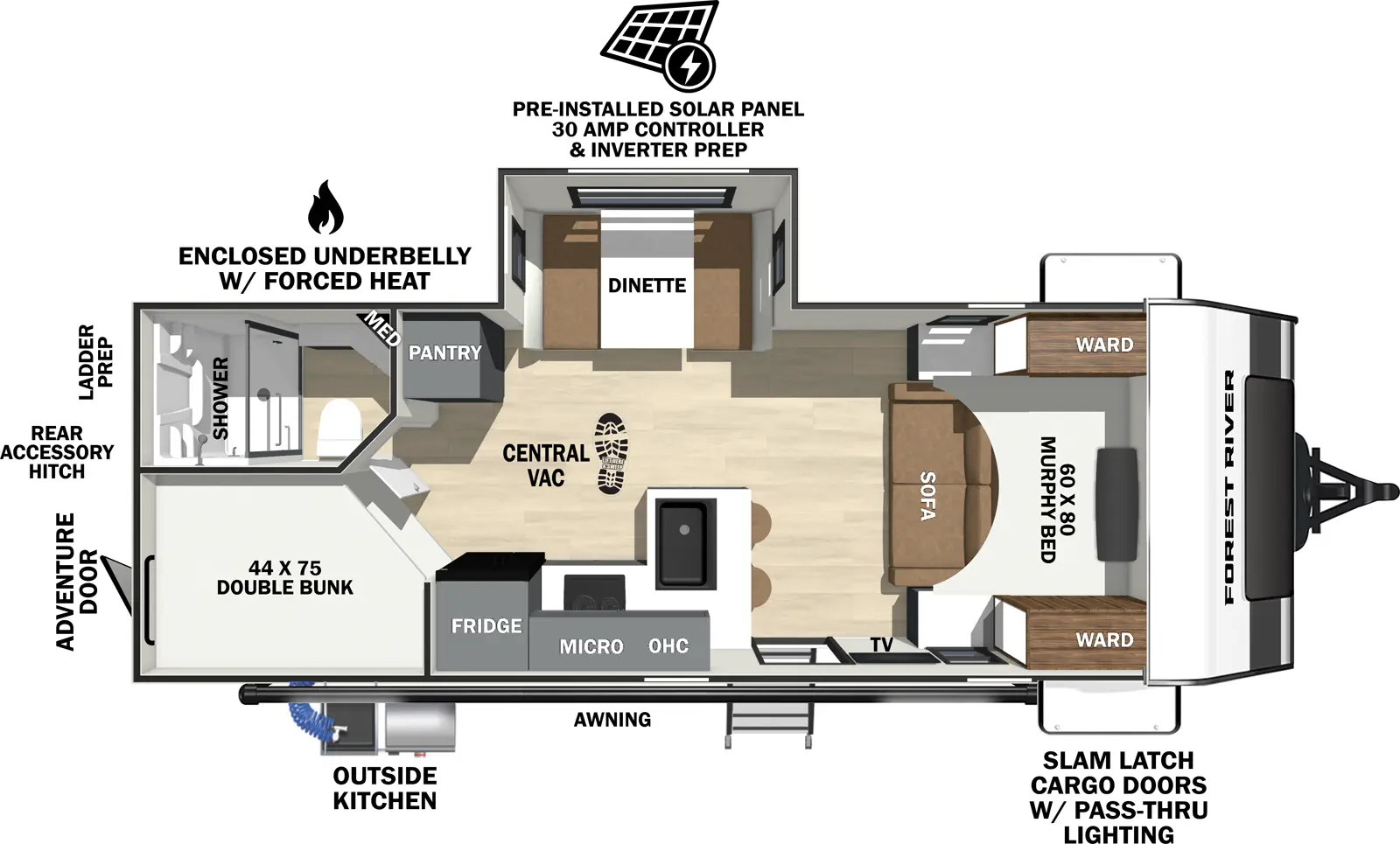 The Ibex 23MBH floorplan has one entry and one slide out. Exterior features include: fiberglass exterior and outside kitchen. Interiors features include: bunk beds and murphy bed.